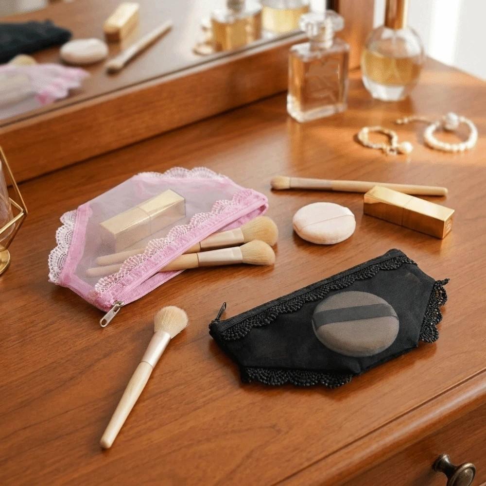 Korean Style Mesh Toiletry Bag Lace Trim Makeup Storage Pouch Jewelry Organizer for Travel