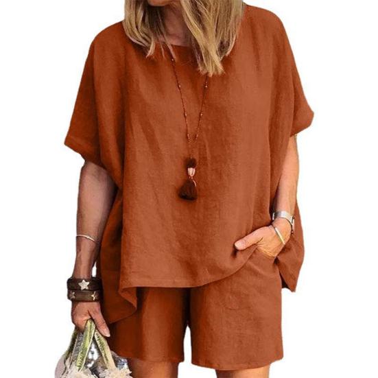 Yousheng Women's Cotton Linen 2-Piece Outfit Short Sleeve Crewneck Pullover Top And Shorts Set with Pockets Summer Casual Loungewear Tracksuit