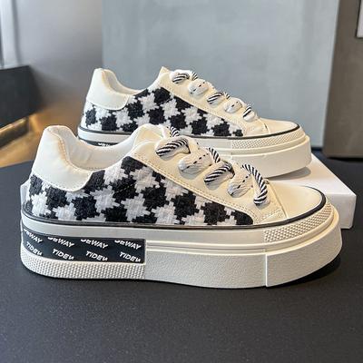 Клетчатые парусиновые туфли женские повседневные маленькие белые туфли на платформе спортивная обувь