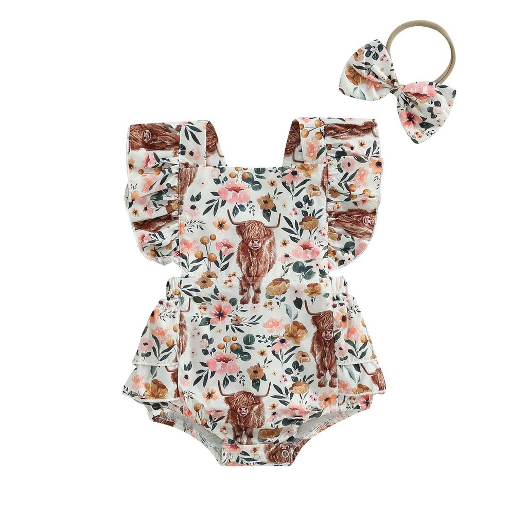 Одежда в стиле вестерн для маленьких девочек, комбинезон с принтом коровы, комбинезон без рукавов с рюшами, боди, повязка на голову, наряд для детской пастушки