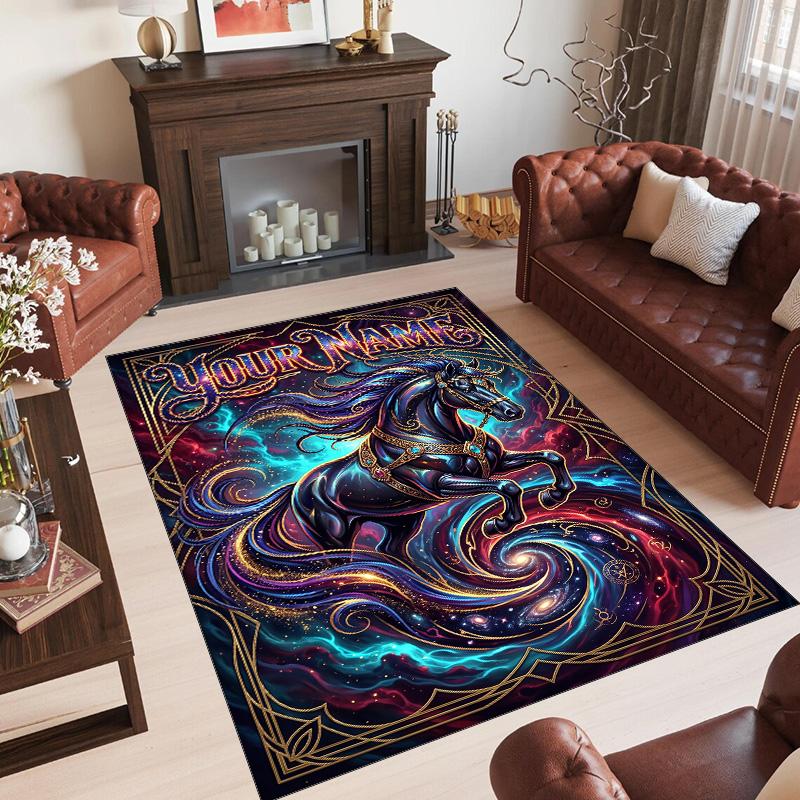 Horse Theme Crystal Velvet Floor Rug Personalized Custom Name Text Warm Carpet Home Decoration