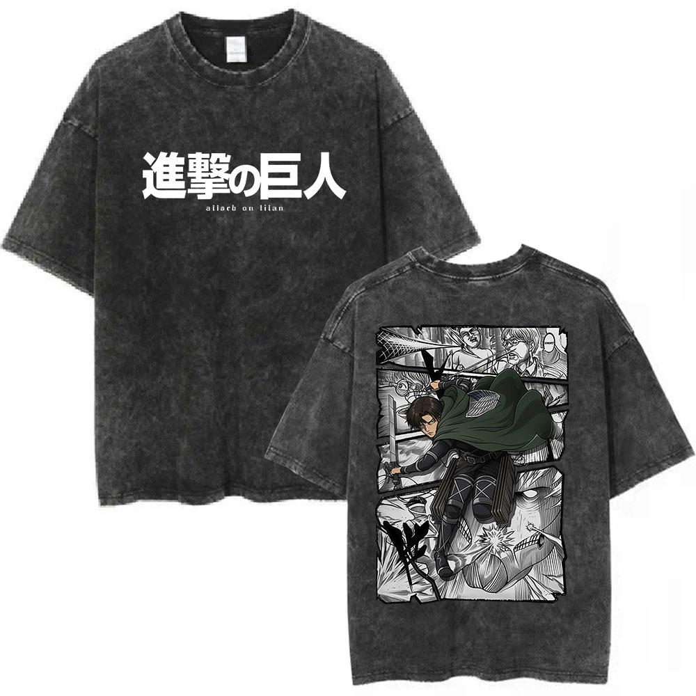 Anime Attack on Titan T-shirt Mikasa Ackerman Eren Jaeger Wings of Freedom Vintage Washed T-shirts Men Women Cotton T-shirts