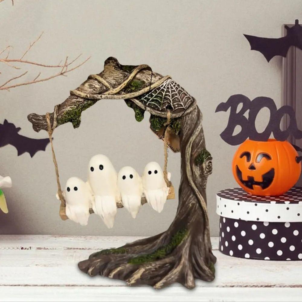 High-Quality Spooky Halloween Ghost on Tree Swing Resin Cute Halloween Ornament Handcrafted Funny Ghost Decor Halloween Party