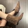 Vintage Square Heel Women Western Cowgirl Boots Fashion Slip On Shoes Autumn Winter Ladies Tassels Short Booties