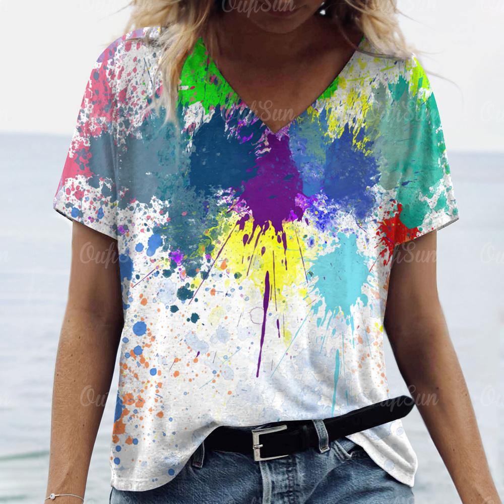 2025 Летние футболки с V-образным вырезом и ярким принтом для женщин, 3D цветочная эстетика, повседневные топы оверсайз, модный Харадзюку