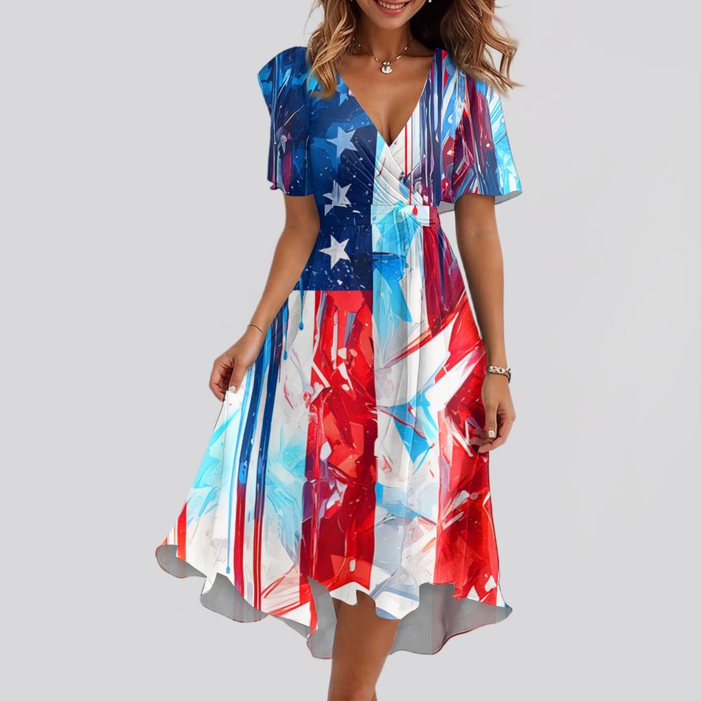 Women's Loose Casual V-Neck Flared Skirt Short Sleeved Printed Dress Printed Dress