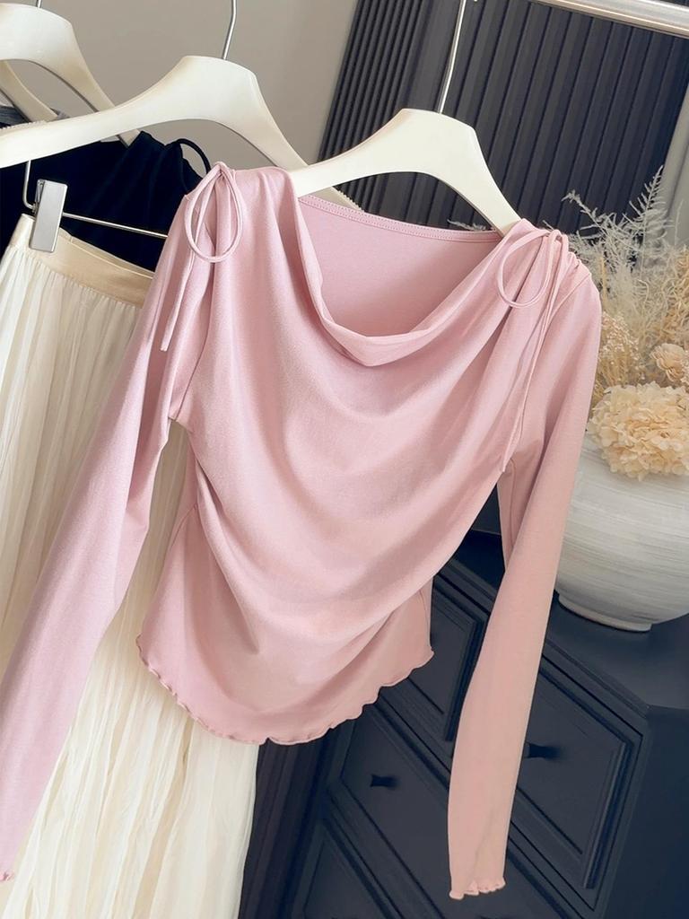 Элегантная женская футболка в корейском стиле с акцентом на талию, длинным рукавом и струящимся воротником - Приталенная, весенняя новинка