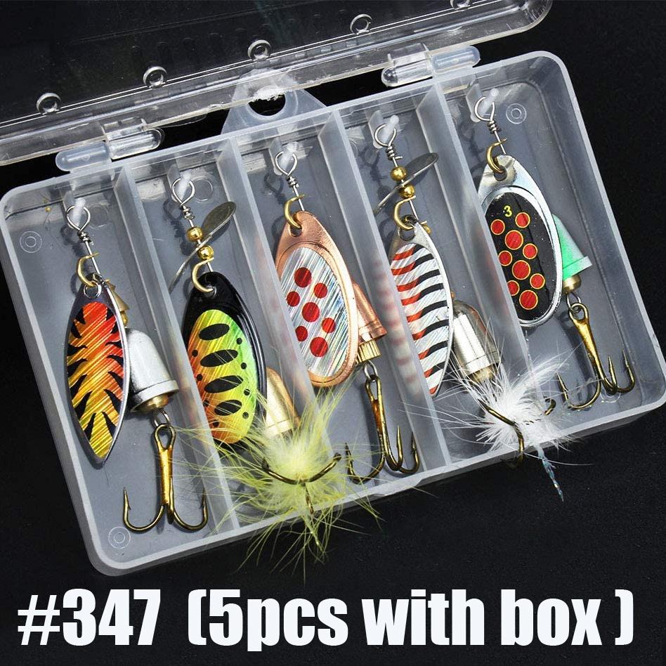 5pcs Fishing Lure Spinner Bait, Bass Trout Salmon Hard Metal Spinner Baits Kit with Tackle Boxes