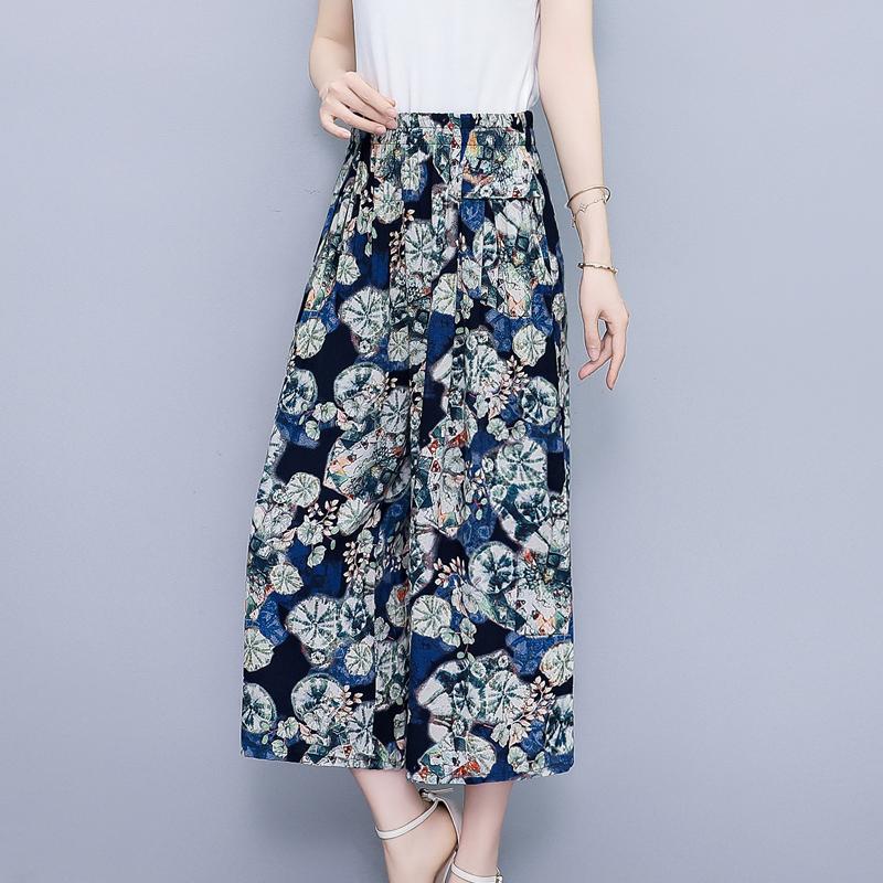 Summer Wide Leg Pants Women Plus Size Loose Vintage Print High Waist Oversize Pants Middle-aged Women's Clothing