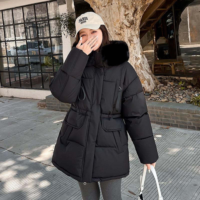 Новая женская одежда средней длины и длинная хлопковая куртка, хлопковая одежда ниже талии, куртка с большим меховым воротником для женщин