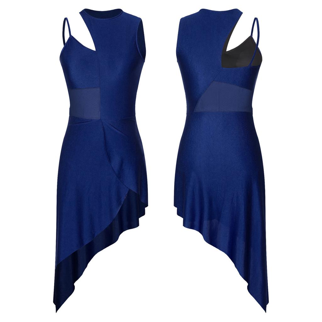 Женская одежда для выступлений, танцевальная одежда, сетчатое лоскутное платье с высоким низким лирическим сценическим платьем для самбы