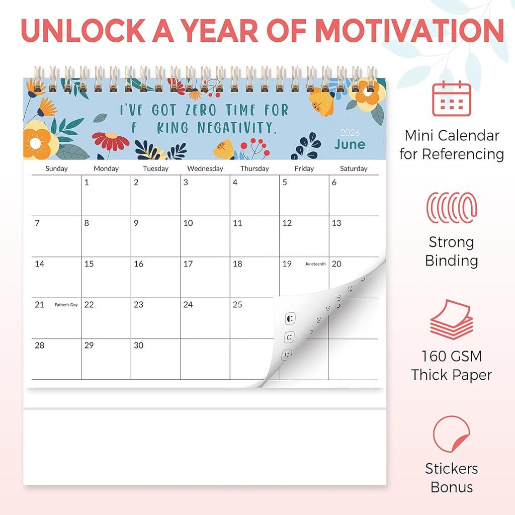 SKYDUE Small Desk Calendar 2025-2026 - 8" x 7", Sept 2025 to Dec 2026 with Sassy & Motivational Quotes, Thick Paper Standing Flip Desktop Calendar