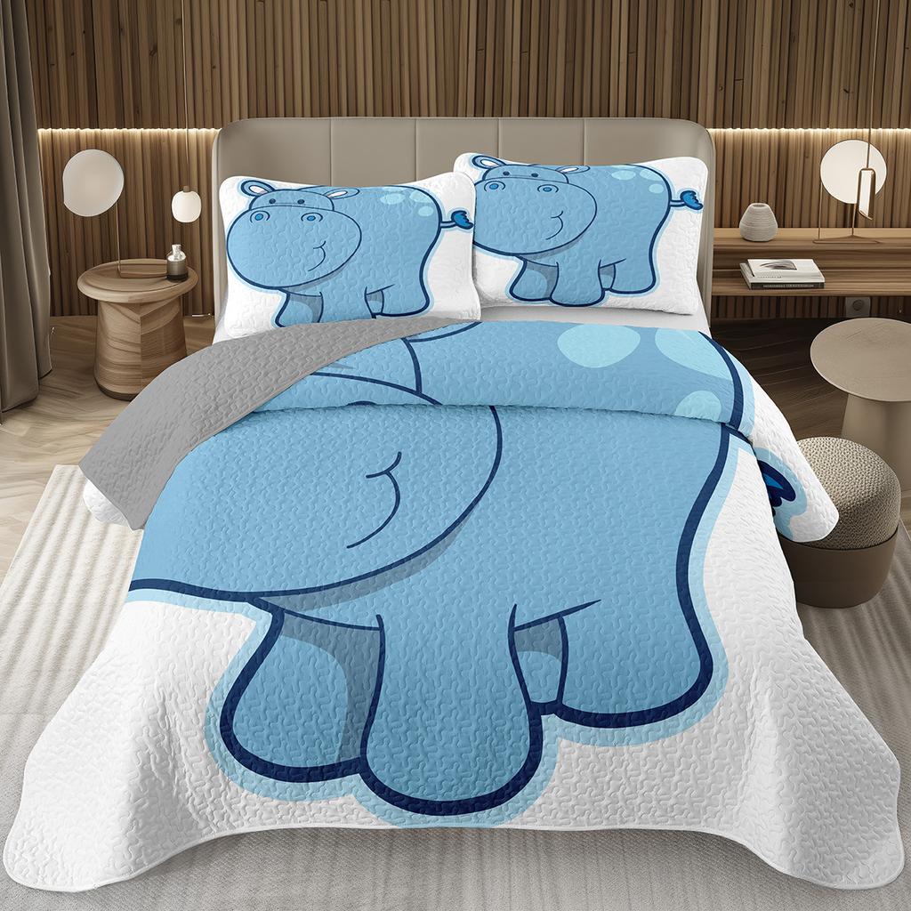 Funny Cartoon Animal Bedspread Queen/Full Kawaii Elephant Panda Coverlet Reversible Grey Quilted Bedding Set For Kids Teen Room