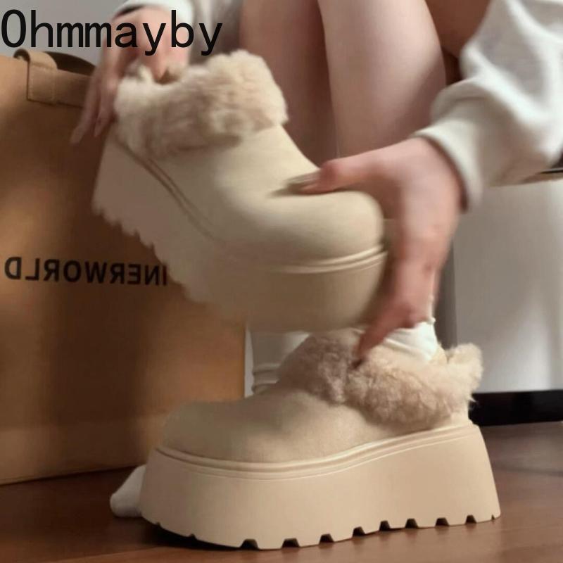 Winter Platform Flats Women Fur Lining Snow Boots Concise Shallow Slip On Shoes Ladies Outdoor Comfort Warm Cotton Short Booties