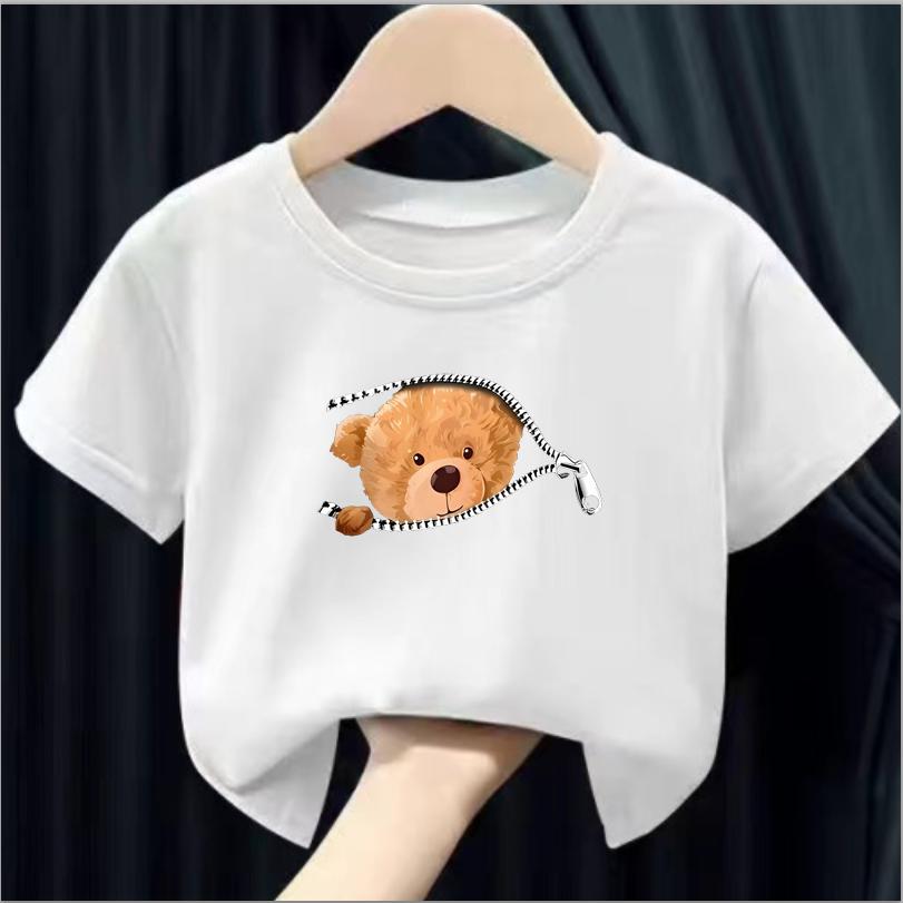 Футболка с принтом Zipper Bear Graphic, креативная рубашка с коротким рукавом и круглым вырезом, повседневные топы, одежда для мальчиков