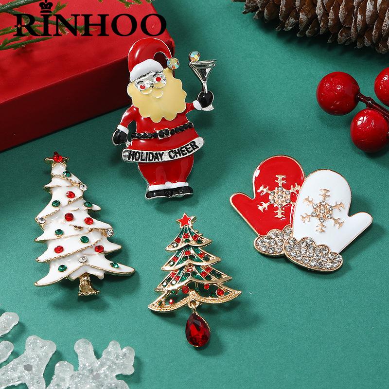 Rinhoo Zircon Santa Claus Gloves Brooches For Women Christmas Tree Snowman Snowflake Lapel Pins Christmas Jewelry