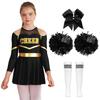 Kids Girls Cheer Leader Costume Halloween Cosplay Party Outfits Uniform Long Sleeve Dress with Pom Poms Hair Tie Socks