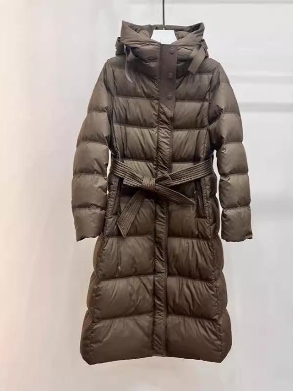 European Women's Slim Fit Long Down Jacket with Hood and Belt - 2026 Autumn/Winter Over-the-Knee Warm Outerwear