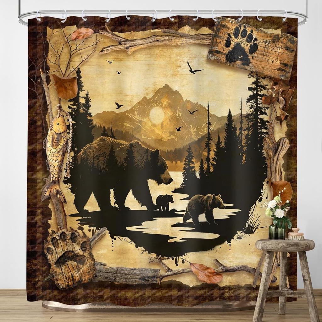 Деревенская шторка для душа «Медвежья хижина», дизайн «Западный лодж, горное животное», водонепроницаемый полиэстер с крючками