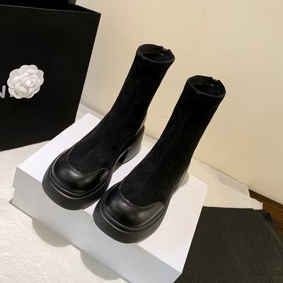 Женские короткие ботинки на толстой подошве 2025 осень и зима бархатные эластичные ботинки на толстой подошве универсальные ботинки Мартина толстый каблук тонкие ботинки