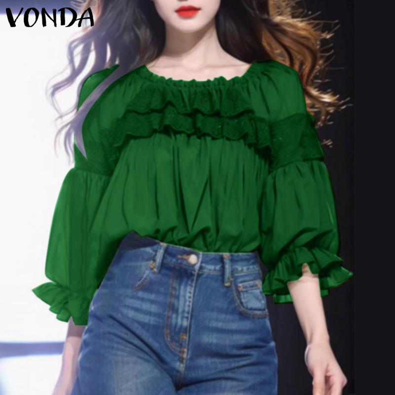 VONDA Женская летняя блузка свободного покроя с круглым вырезом и рукавами 3/4 в стиле пэчворк с оборками