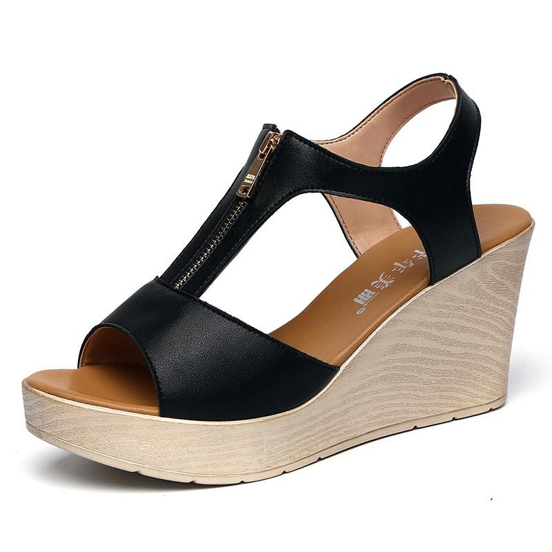 Новые босоножки на высоком каблуке с открытым носком и танкеткой для женского лета, с толстой подошвой, большие сандалии, туфли-клинья для женщин