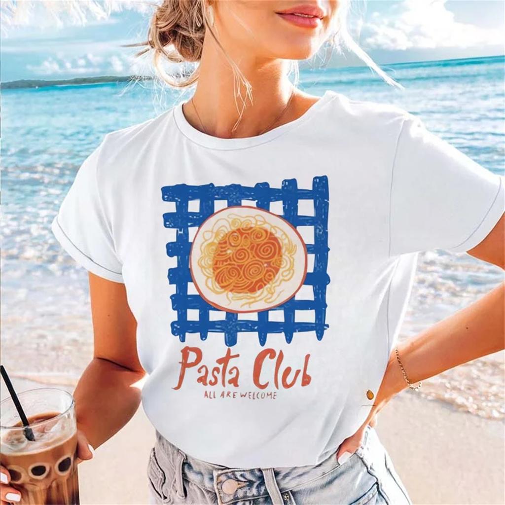 Футболка с принтом "Pasta Club", короткий рукав, милая, в стиле Харадзюку, универсальная, обычный топ, модная женская футболка с круглым вырезом, повседневный стиль