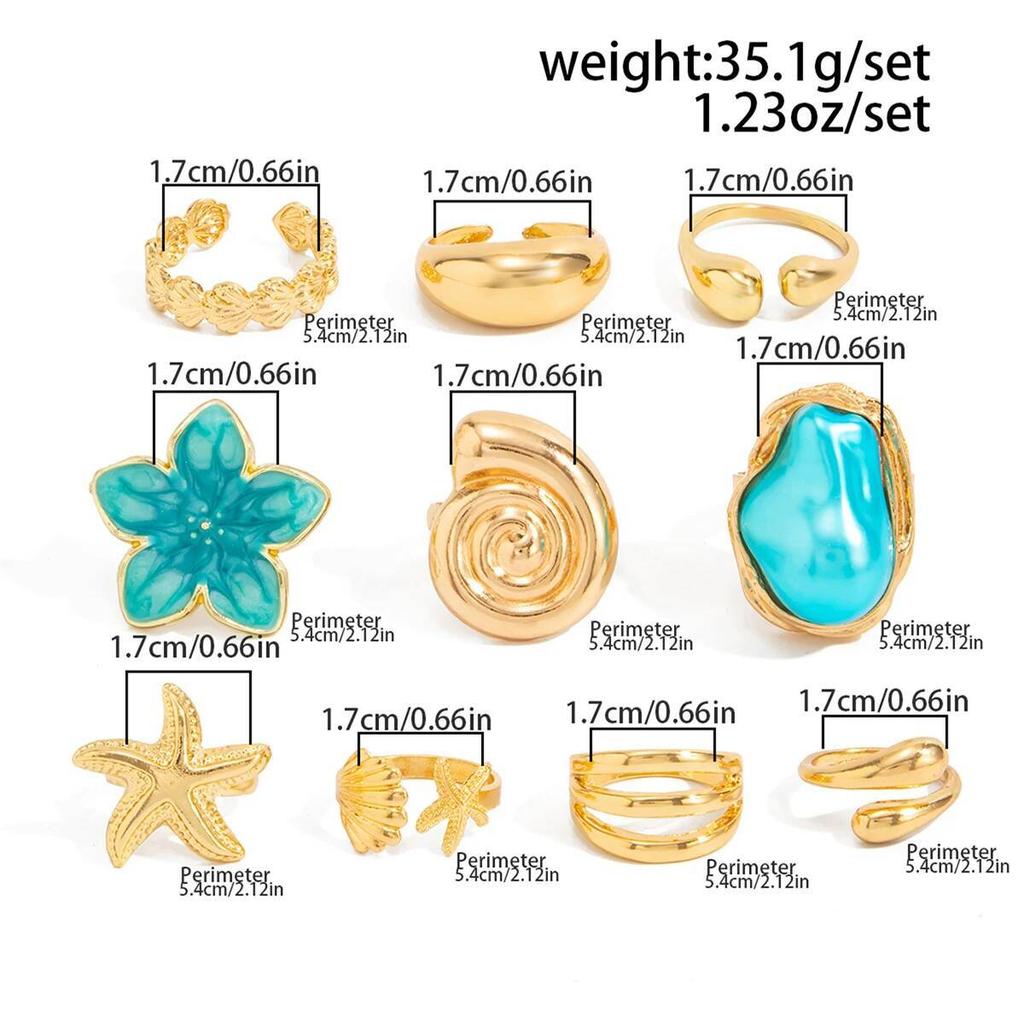 SHIXIN 10Pcs/Set Boho Beach Style Blue Flower Starfish Knuckle Ring Women Vintage Gold Color Irregular Open Joint Ring Jewelry