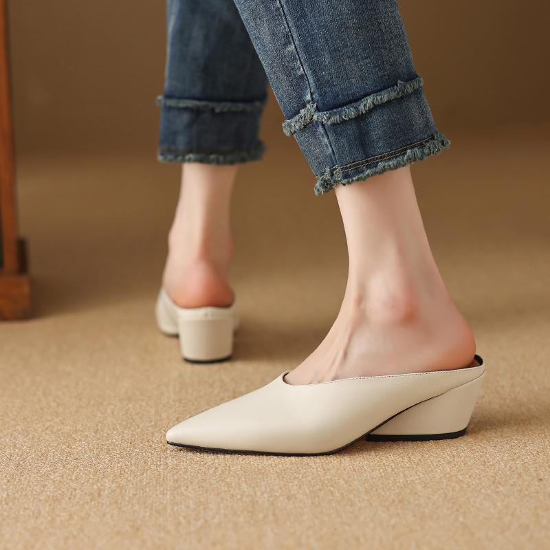 Fashion 2025 Summer Women Shoes Genuine Leather Pointed Toe Women Sandals Solid Modern Sandals for Women Shaped Heel Women's Mules Shoes