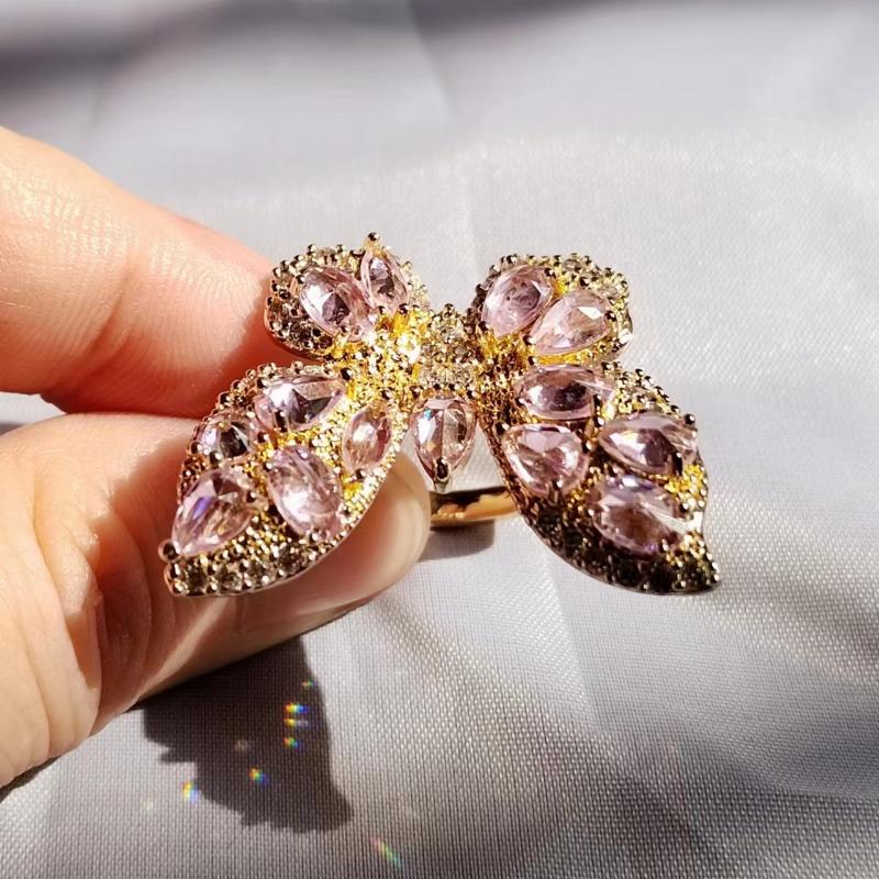 Кольца-бабочки с розовым цирконием для женщин, модное золотого цвета, открытое регулируемое кольцо INS, модные ювелирные аксессуары для свадьбы, помолвки и вечеринки