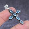 Swiss Blue Topaz Gemstone Handmade 925 Sterling Silver Cross Pendant 1.81" d2H19