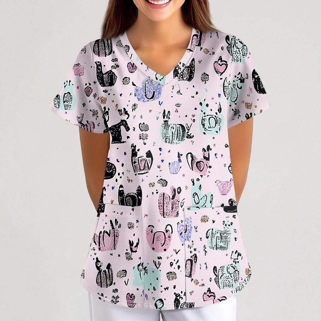 Plus SizePrinted Scrub Working Uniform Tops For Women's Cross V-Neck Halloween Print Short Sleeve Fun T-Shirts Workwear Tee With Pockets