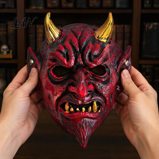 Realistic Devil Mask Halloween Red Cosplay Mask, Creepy Golden Horned Demon Latex Scary Masquerade Costume Party Full Face for Men Adults Horror
