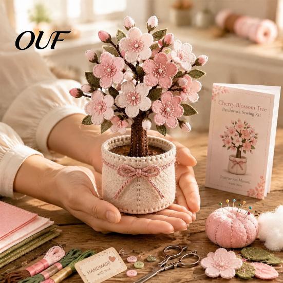 Potted Plant Craft Project Patchwork Kit, DIY Cherry Blossom 3D Set, Creative Hobby Kit for Adults Tree Hand Sewing Beginners Home Decor Handmade Gift