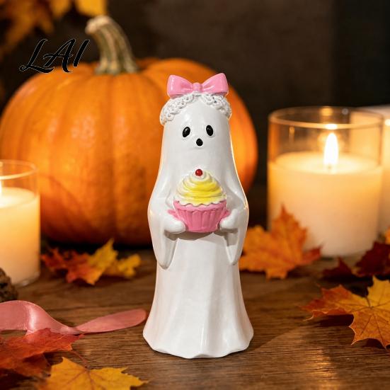 Creative Dessert Inspired Ornaments Halloween Cute Ghost Ornament Resin Figurines with Cake/Cookie Sweet Style Decorations Design for Desktop