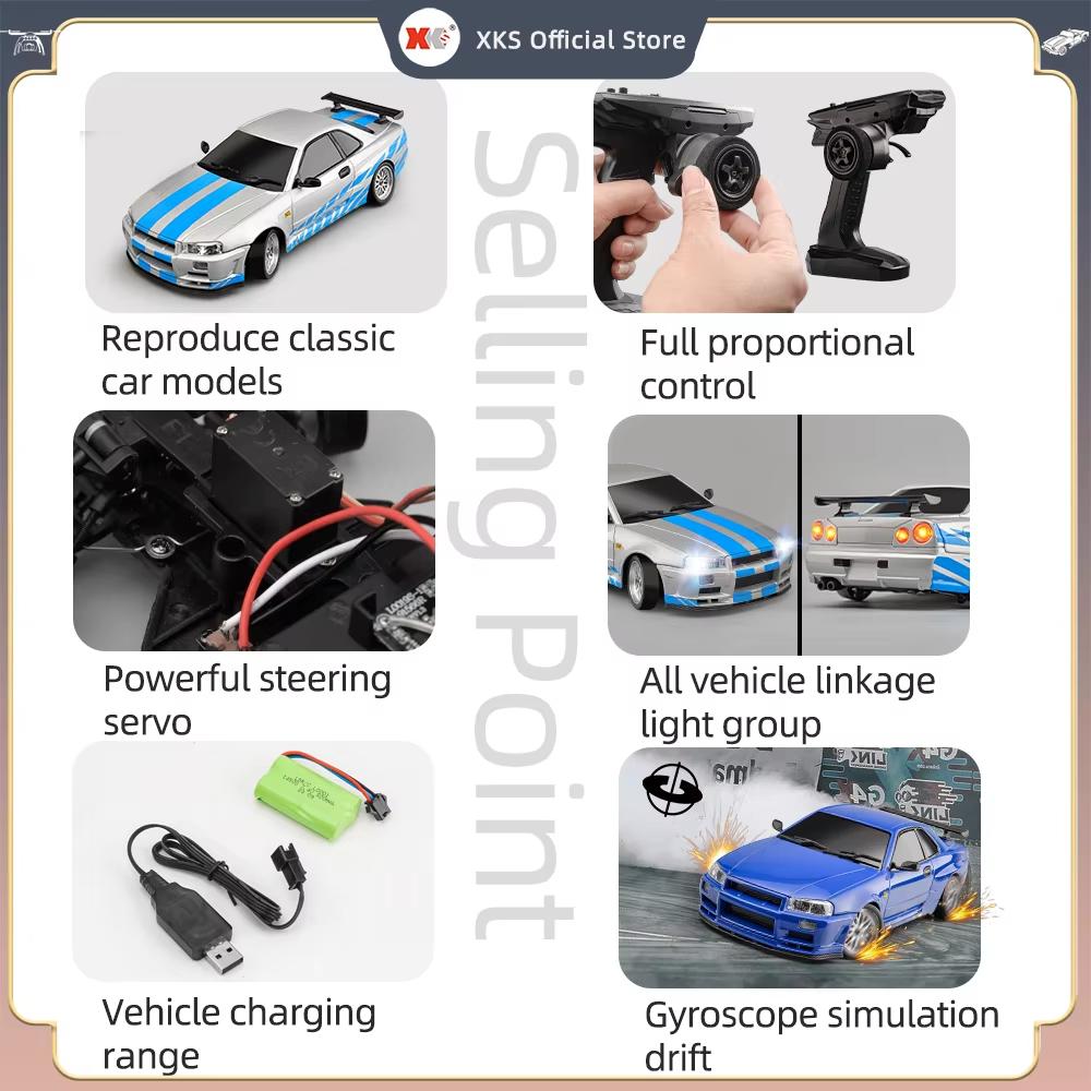 2024 New 2.4GHz 1/18 GTR R34 RC Metal High Speed Drift Car with Gyroscope Highway Alloy Racing Remote Control Racing Car Kids Toy Gift