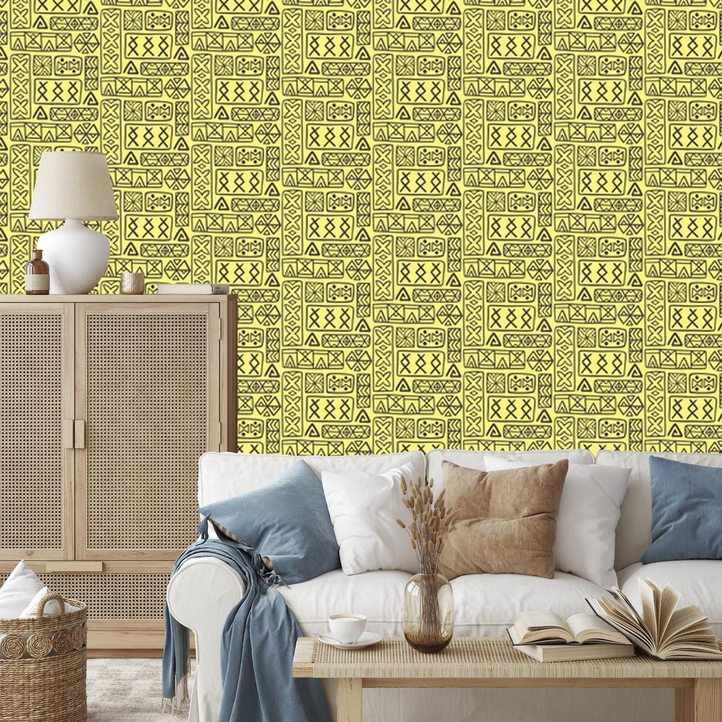 Polynesian Geometric Pattern Wallpaper Yellow and Cream 50x1000