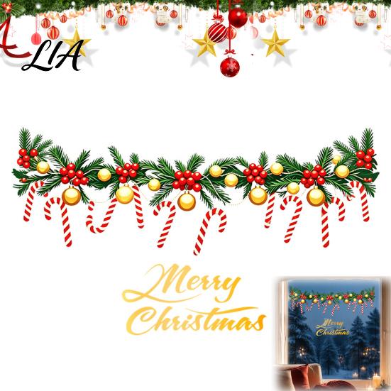 Festive Wreath Candy Cane Decor Merry Christmas Window Clings, Cute Garland Stickers with Canes, Balls, Berries Customizable Scene for Glass, Reusable