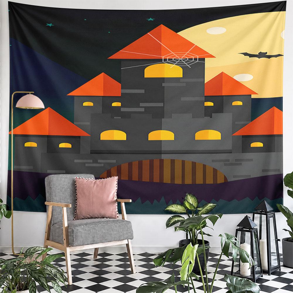Halloween Castle Under Full Moon Pattern Wall Hanging Tapestry Decorative Tapestry Home Decor for Bedroom and Living Room