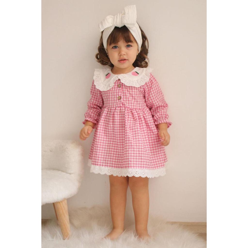 Baby Girl Red White Gingham Cherry Embroidered Ruffle Collar Dress