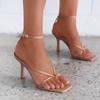 Fashion 2024 Summer New Fashion Pinch Narrow Band Women Gladiator Sandal Ladies Square Open Toe Ankle Buckle Strap Stiletto Heels