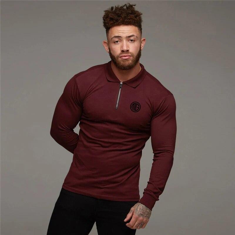 Muscleguys Осенняя мода рубашки поло с длинным рукавом мужские фитнес Slim Fit футболки на молнии бодибилдинг стрейч хлопок