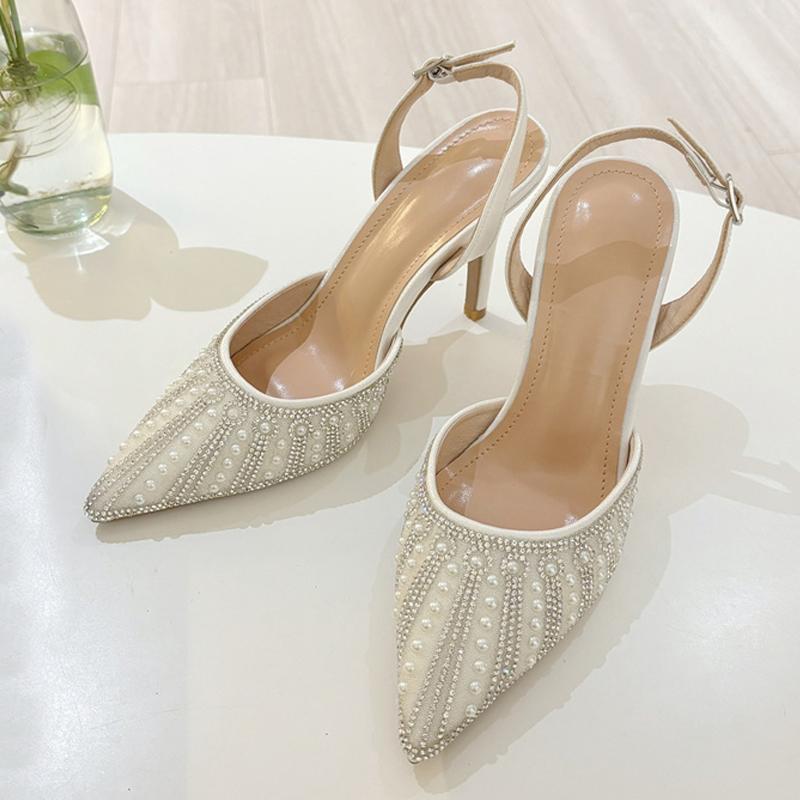 Fashion Design Crystal Pearl Pointed Toe Slingback Heels Elegant Wedding Party Shoes Fashion Back Buckle Strap Women Pumps