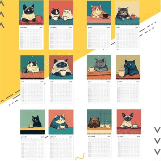 1/2 шт. настенный календарь 2025 года «Кошки отдыхают с кофе», настенный календарь на 12 месяцев, календарь «Кошки с кофе», семейный офисный органайзер для любителей кошек, подарок
