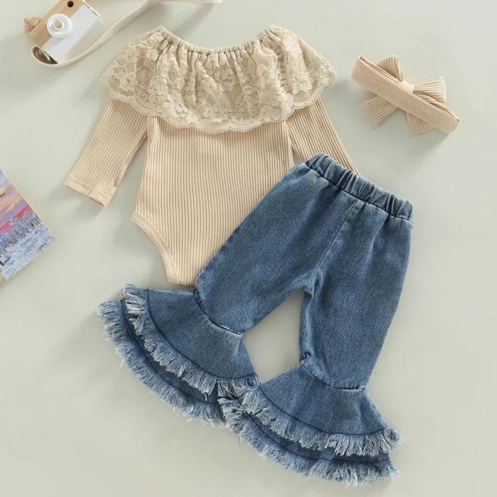 Модный детский весенний комбинезон с принтом, джинсовые расклешенные брюки, детский костюм из двух частей