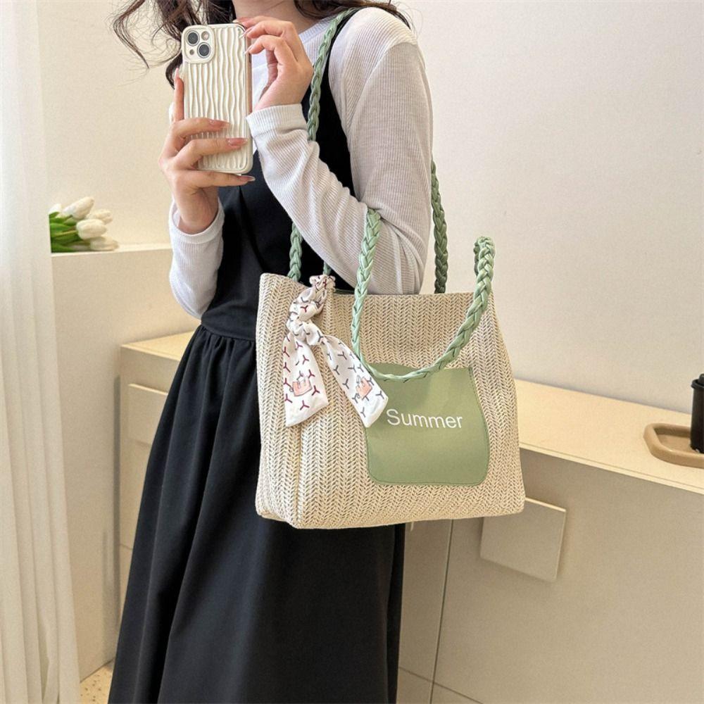Ribbon Beach Shoulder Bag Balletcore Women Handbag Portable Straw Woven Tote Bag  Travel