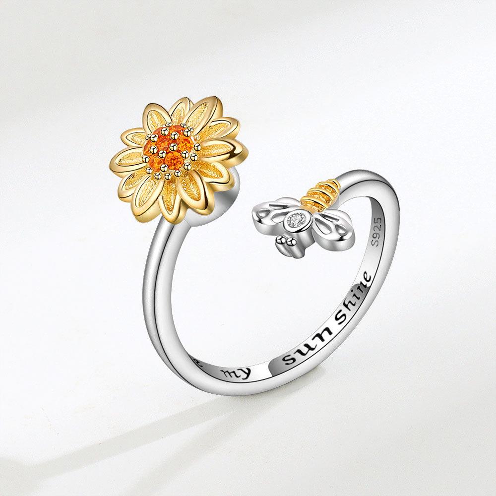 Shining Crystal Sunflower And Bee Fidget Spinner Rings For Women Anti Anxiety Control Anti Stress Rotating Ring Girls Gift
