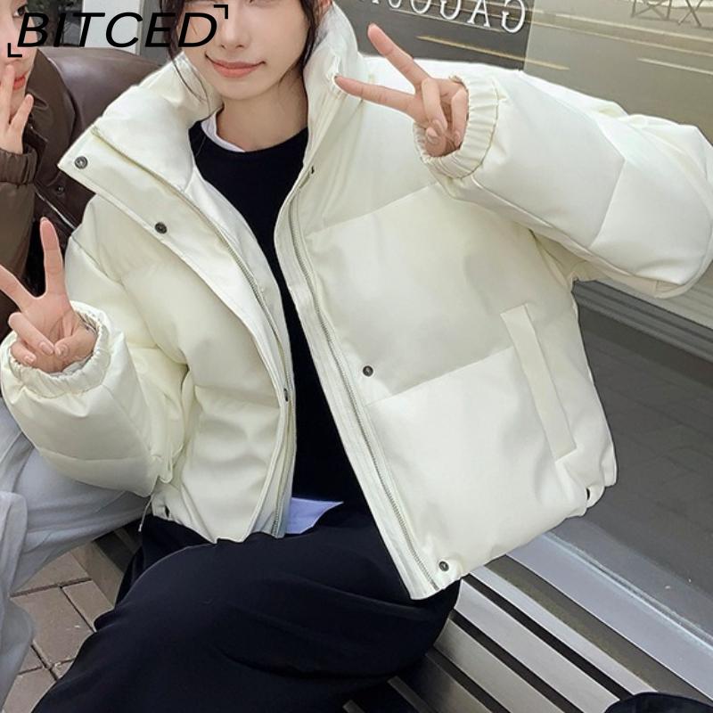BITCED Кожаная куртка на хлопковой подкладке Осень/Зима для женщин с воротником-стойкой укороченная теплая стеганая куртка