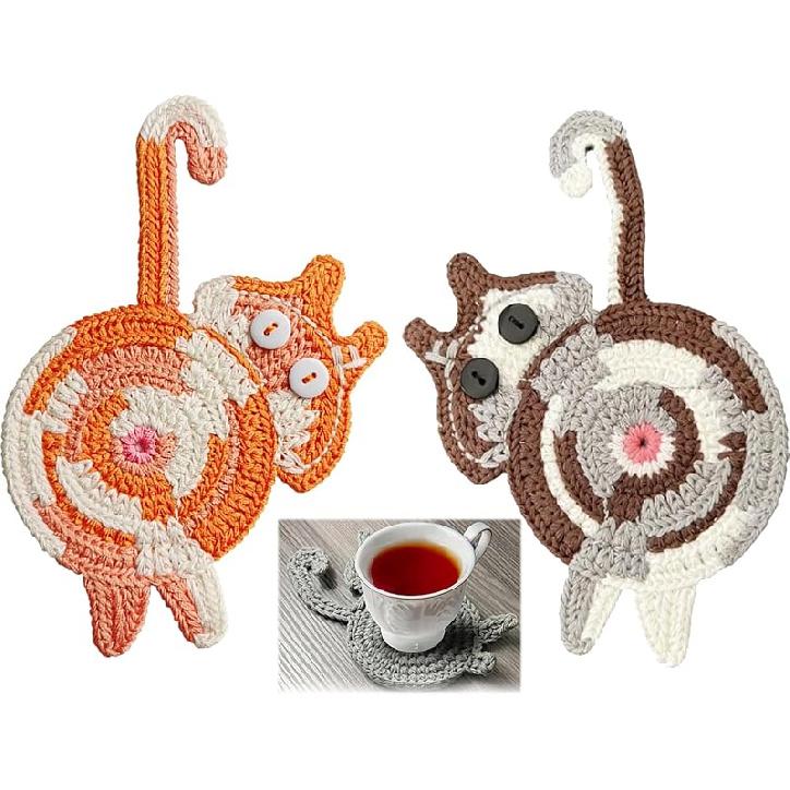 Cute Cat Cup Coasters, Gifts for Cats Lovers, Cat Coaster Woven Creative Knitted Coasters Funny Drink Insulation Coffee and Tea Coaster Table
