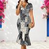 Women Plus Size V Neck Short Sleeve Plaid Printed Fitted Fishtail Midi Dress